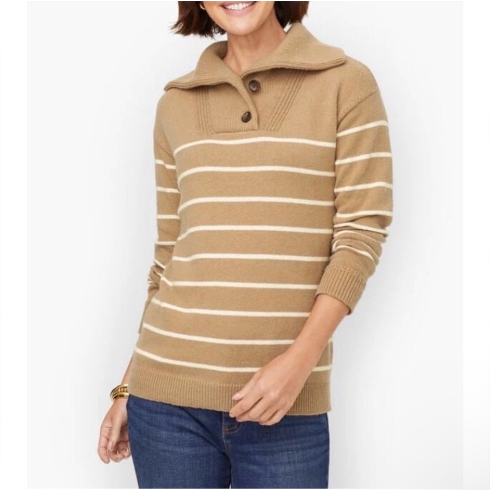 Talbots Women’s Sailor Collar Button V-Neck Sweater Tan White‎ Size Small